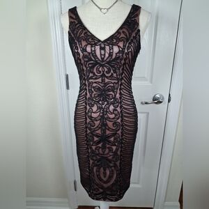 Sue Wong Nocture Vintage Blk Soutache V-Neck Cocktail Dress Mesh Overlay Size 0